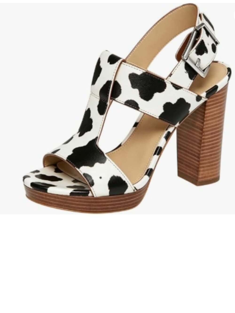 YDN Cow Print T-Strap Stacked Chunky High Heel Ankle Strap Platform Sandals